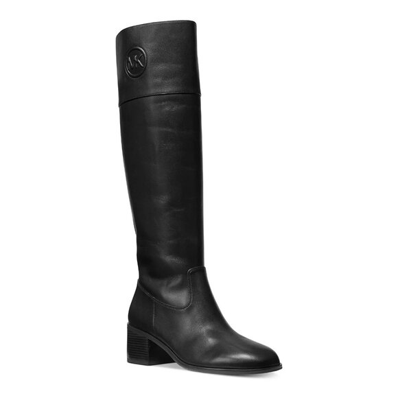 $330 MICHAEL KORS DYLYN KNEE HIGH BOOT MK LOGO LEATHER BLACK 8 (TE15) - Picture 1 of 7